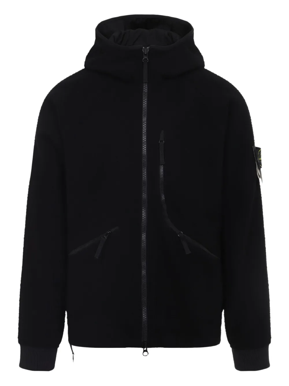 Stone Island Textured Wool Blend Jacket With Hood In Black