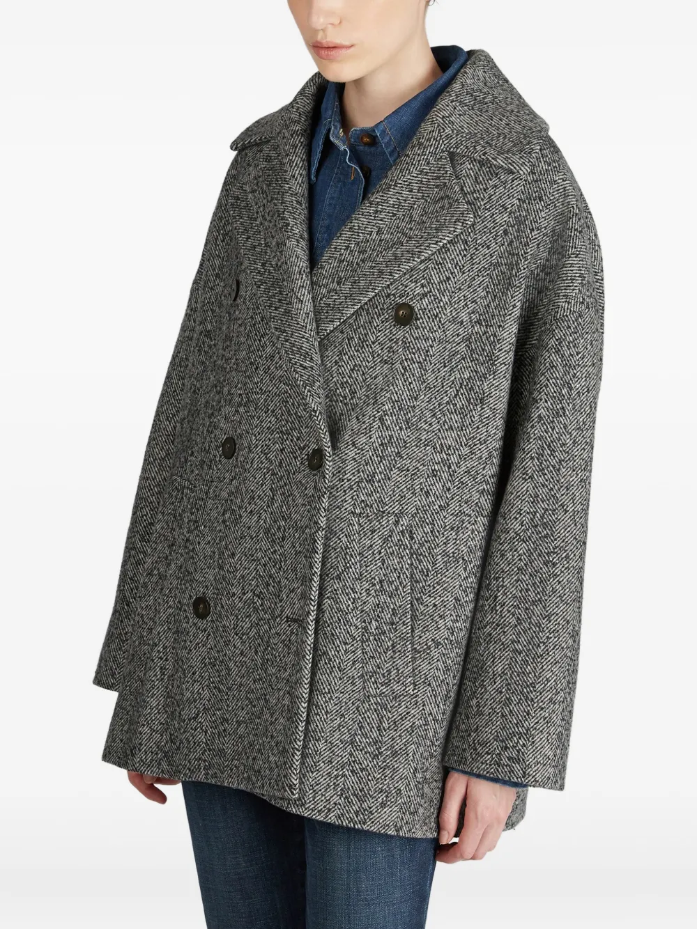 Slowear Herringbone Double-breasted Peacoat In Gray