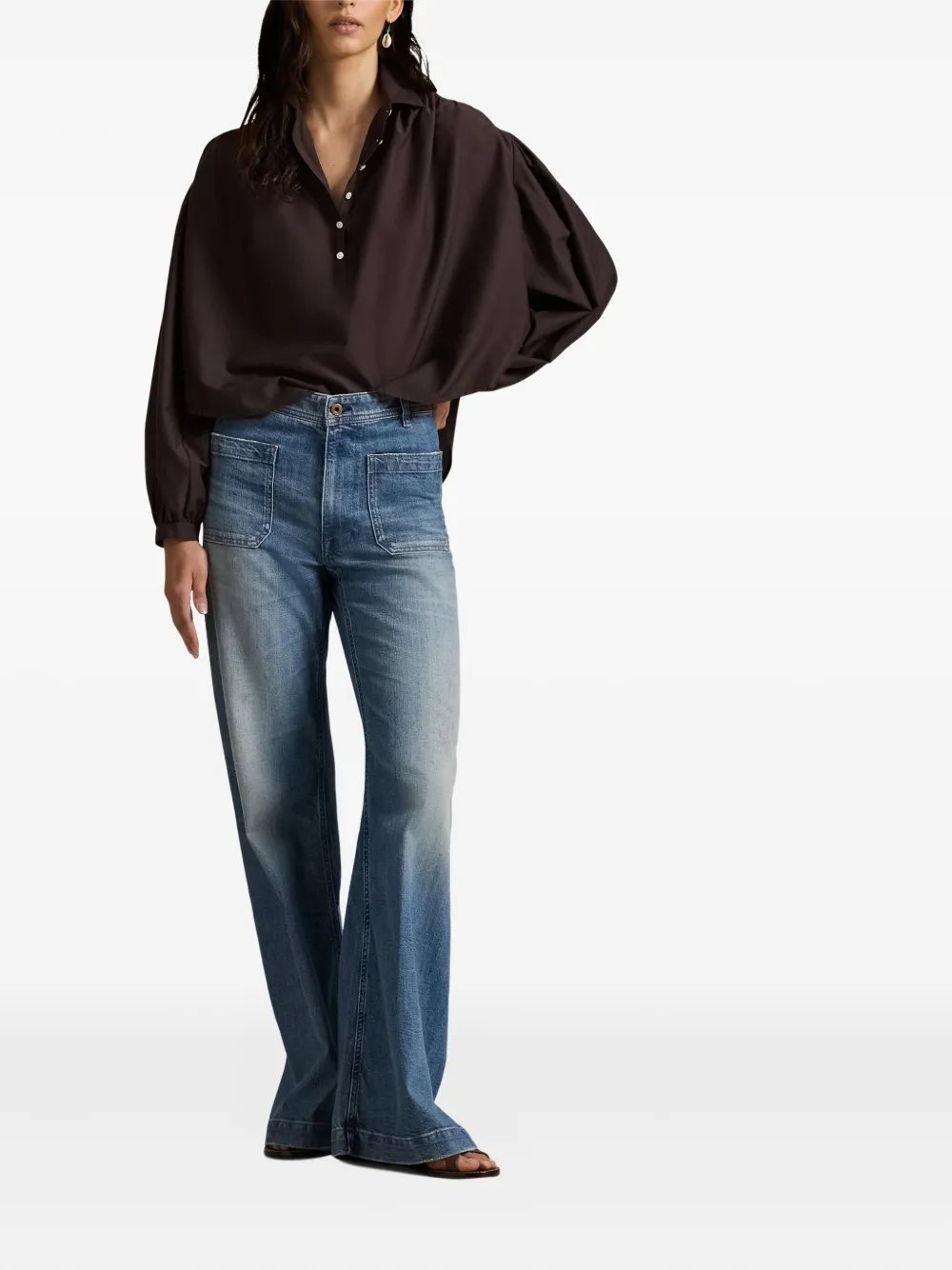 Polo Ralph Lauren Collared Long-sleeved Blouse In Brown