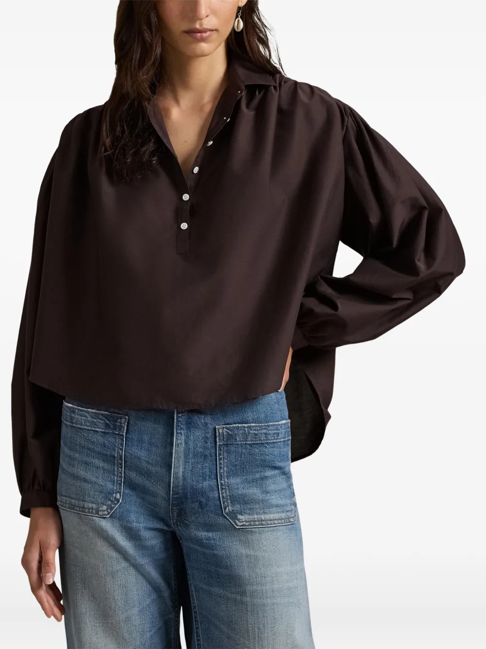 Polo Ralph Lauren Collared Long-sleeved Blouse In Brown