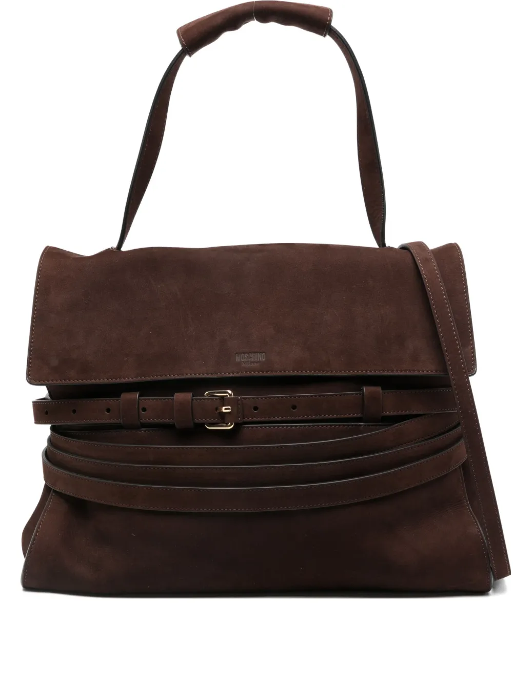Moschino Buckle Nubuck Leather Tote Bag In Brown
