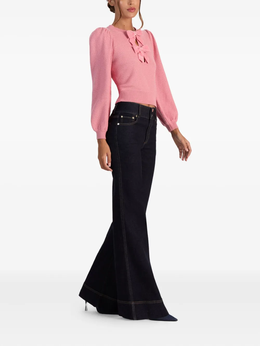 Alice And Olivia Doris Puff-sleeve Bow Sweater In Pink