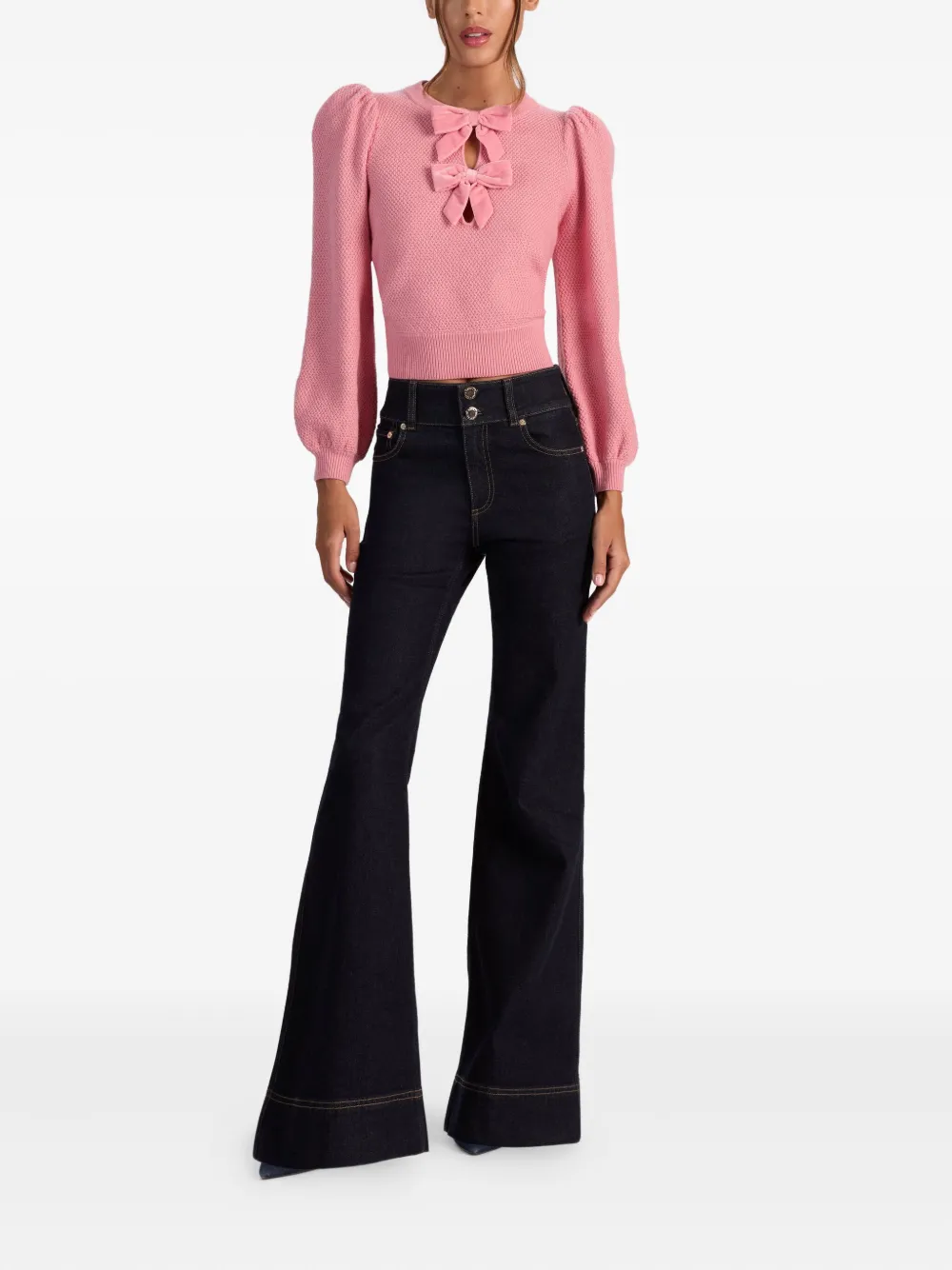 Alice And Olivia Doris Puff-sleeve Bow Sweater In Pink