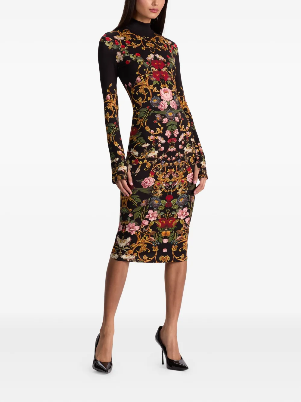 Alice And Olivia Delora Turtleneck Floral Midi Dress In Multi