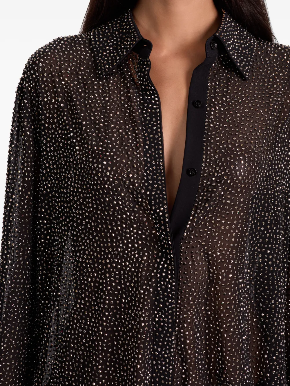 Alice And Olivia Finely Crystals-embellished Button-down Shirt In Black