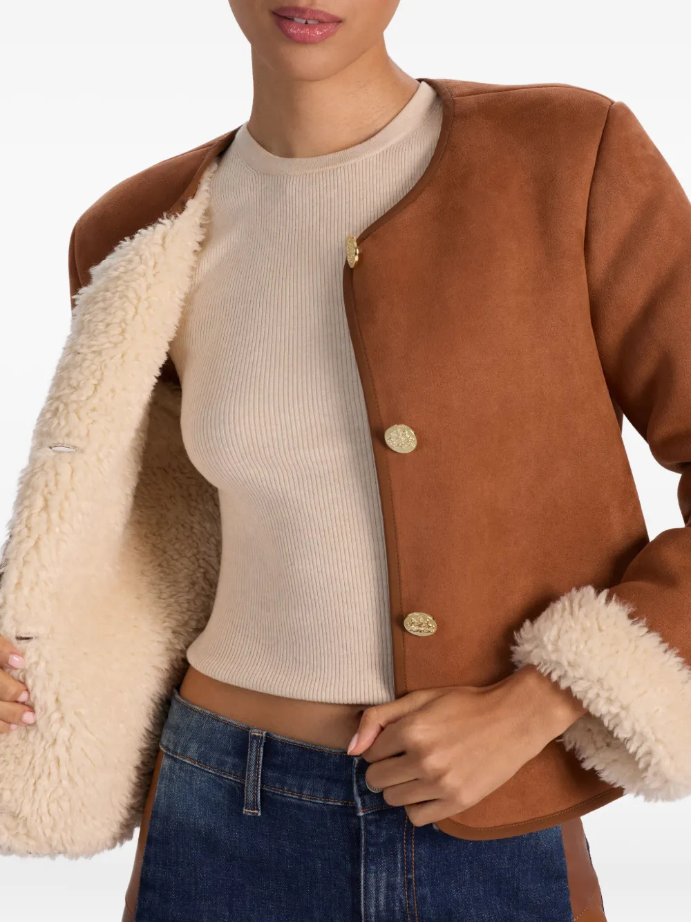 Alice And Olivia Alma Vegan Suede Teddy Jacket In Brown