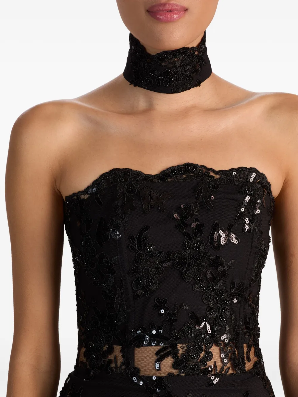 Alice And Olivia Georgie Embellished-lace Strapless Mini Dress In Black