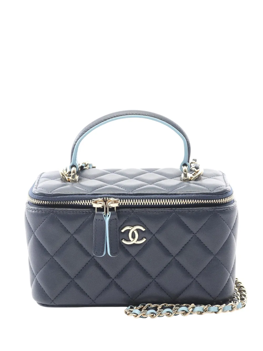 Pre-owned Chanel 2021-2025 Small Bicolor Lambskin Top Handle Vanity Case With Chain Satchel In Blue