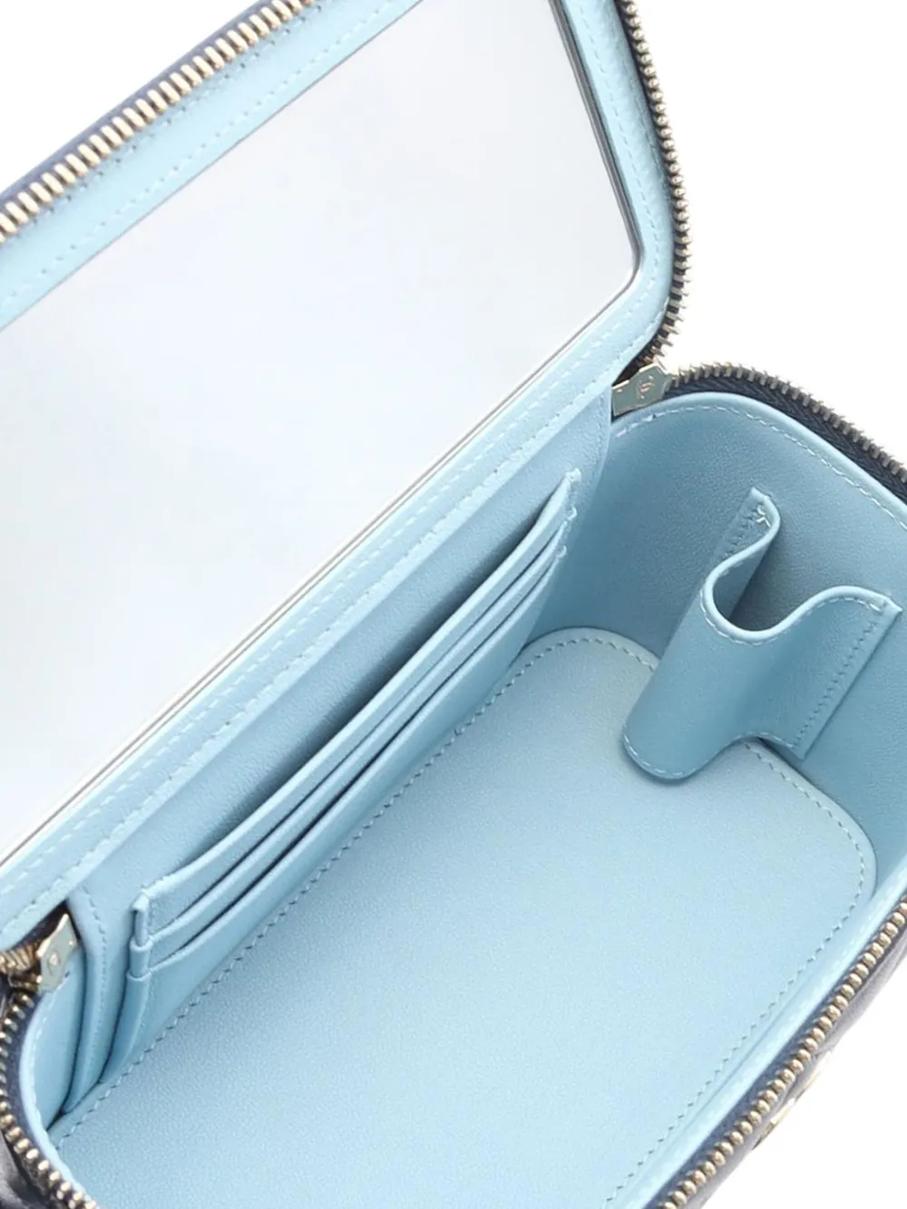 Pre-owned Chanel 2021-2025 Small Bicolor Lambskin Top Handle Vanity Case With Chain Satchel In Blue