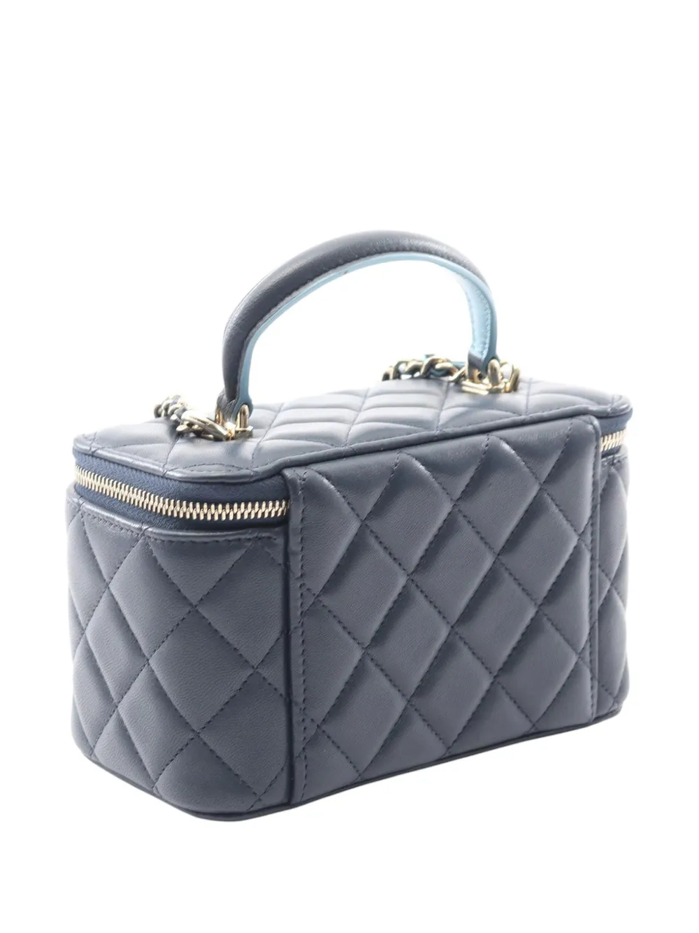 Pre-owned Chanel 2021-2025 Small Bicolor Lambskin Top Handle Vanity Case With Chain Satchel In Blue