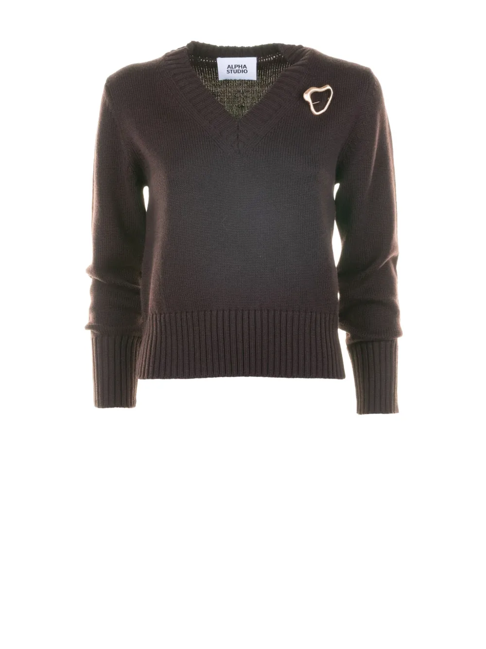 Alpha Studio V-neck Brooch-detail Sweater In Brown