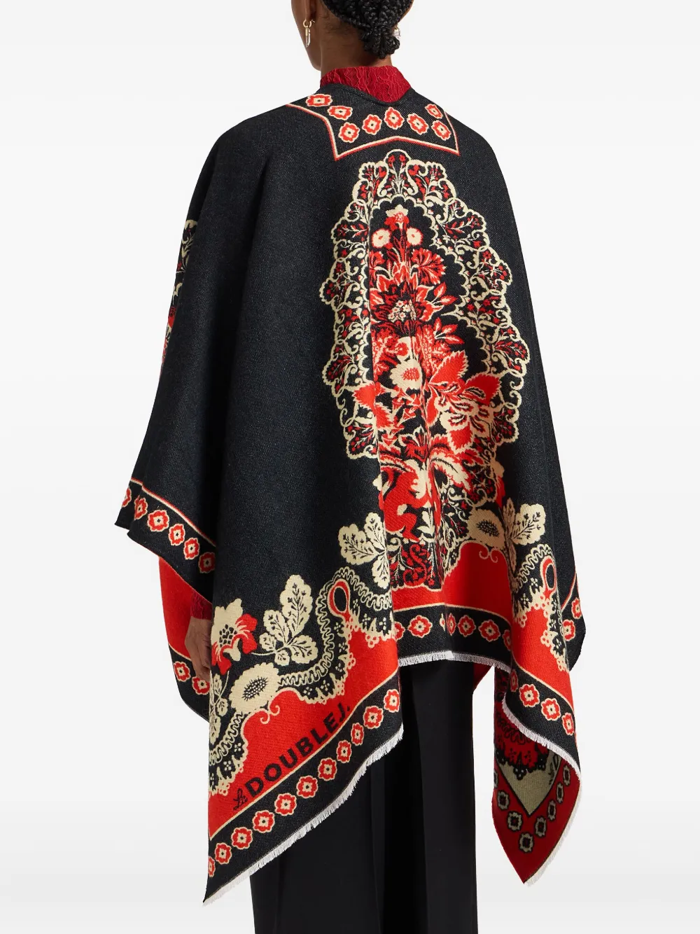 La Doublej Soul Floral-print Poncho In Black