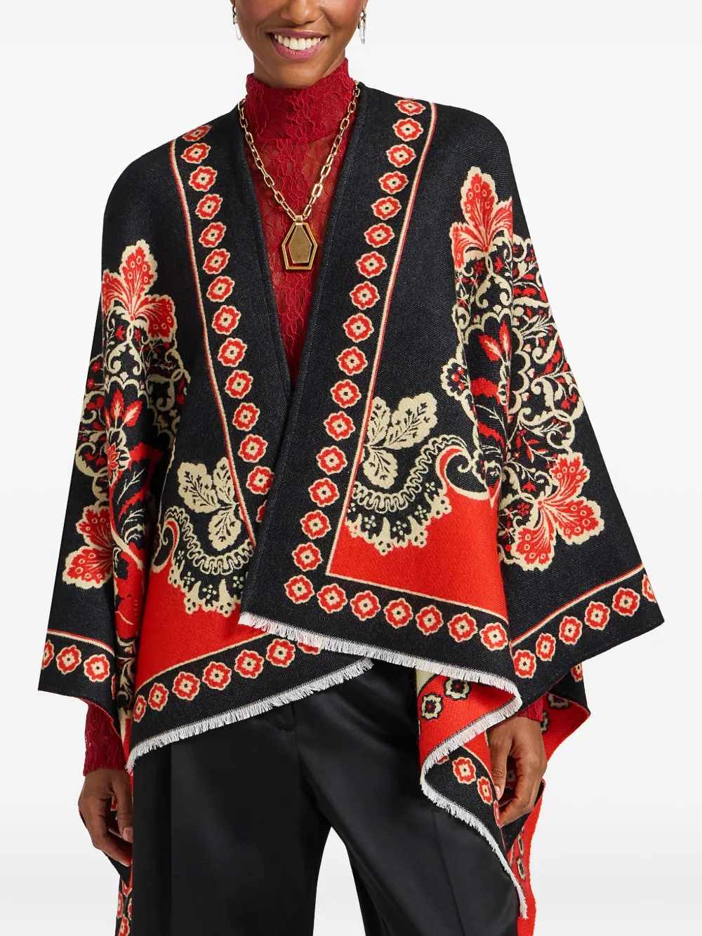 La Doublej Soul Floral-print Poncho In Black