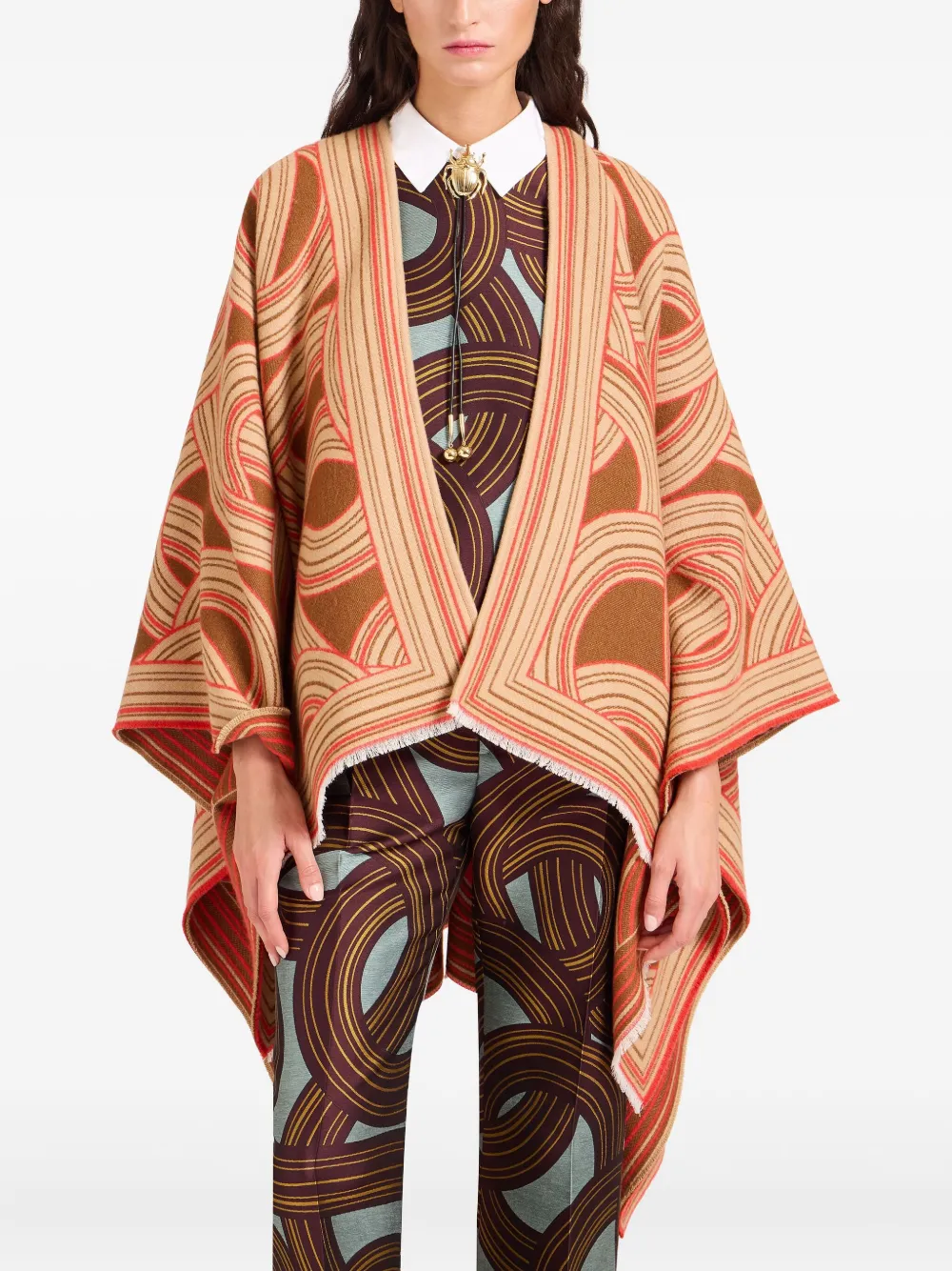 La Doublej Soul Fringed Patterned Poncho In Brown