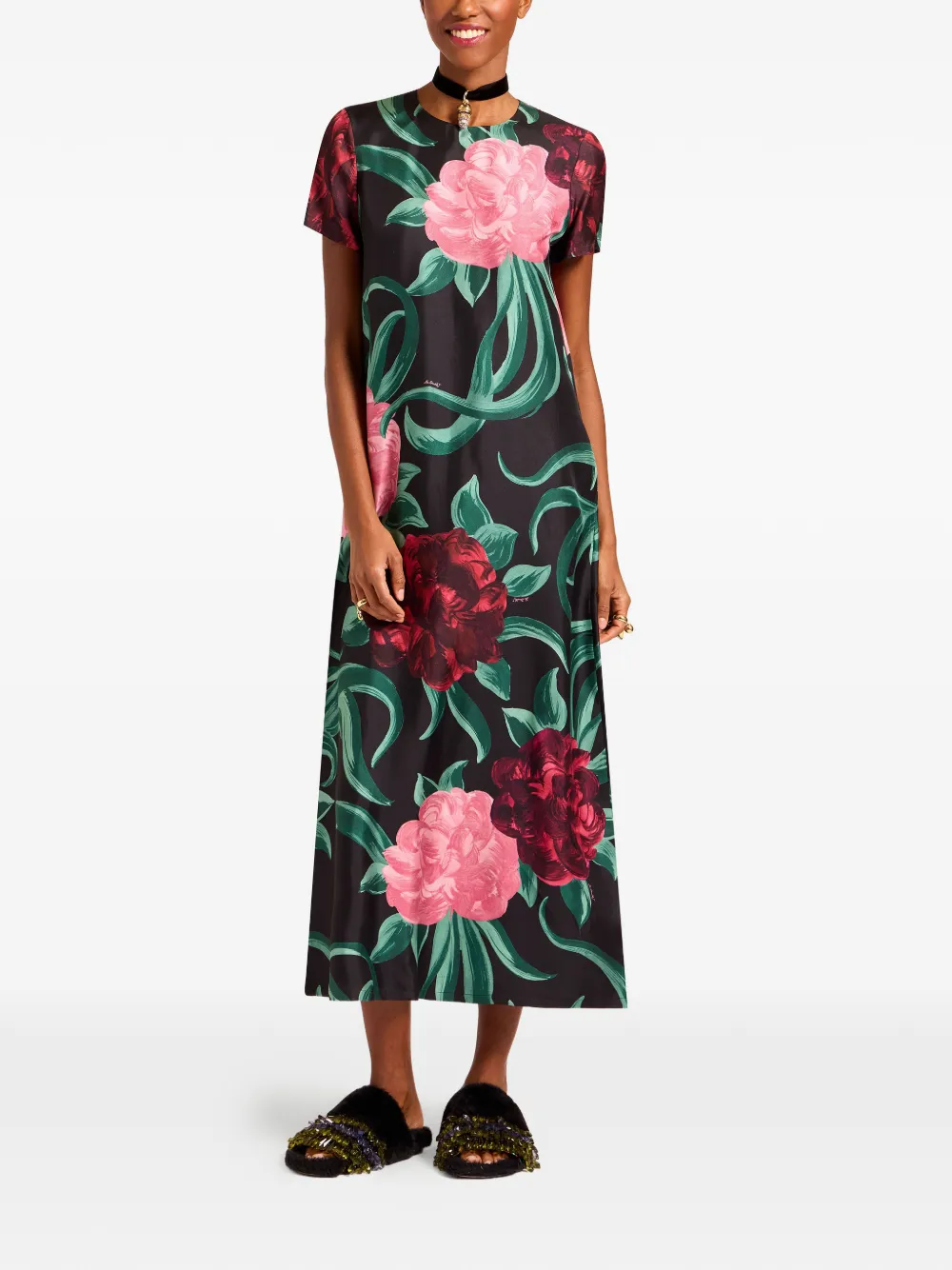 La Doublej Swing Floral Midi Dress In Black