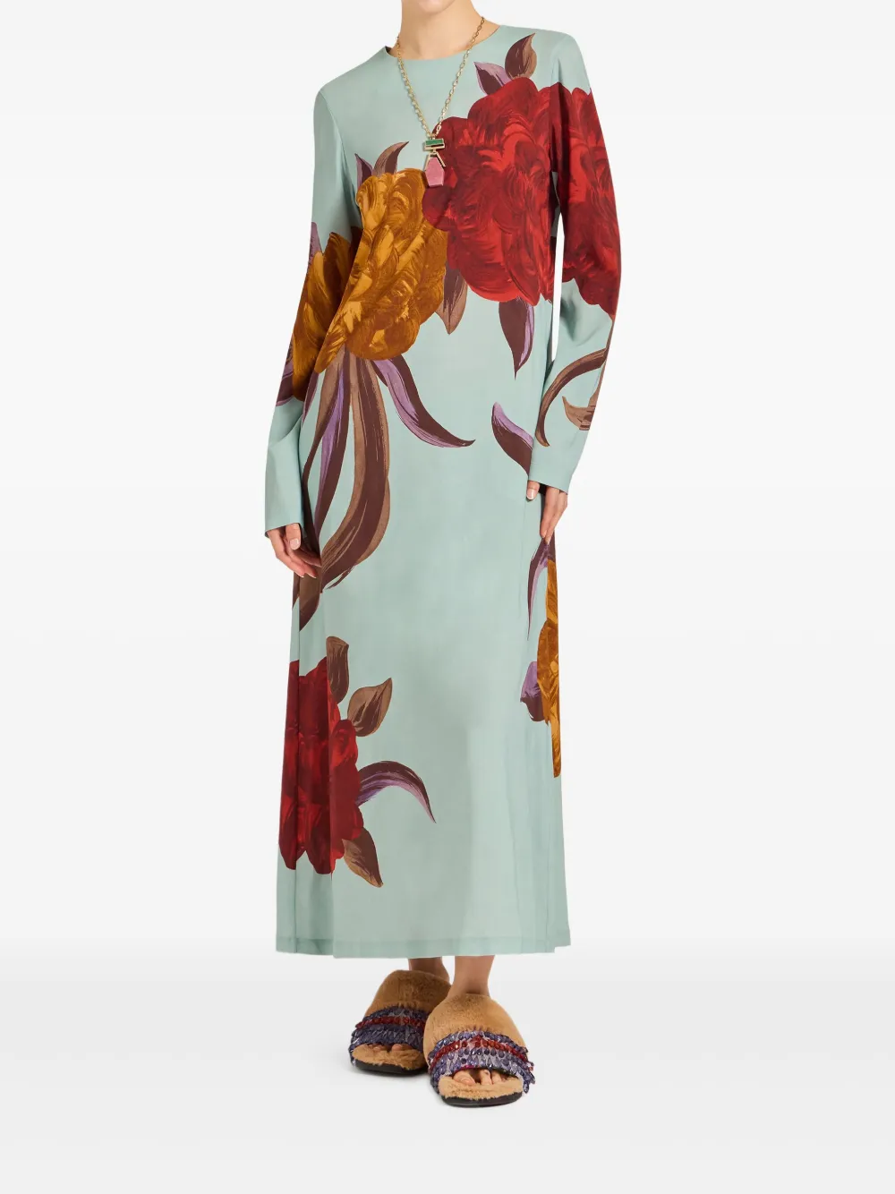 La Doublej Swing Lon-sleeve Floral Midi Dress In Blue