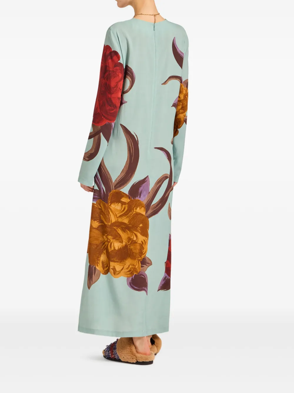 La Doublej Swing Lon-sleeve Floral Midi Dress In Blue