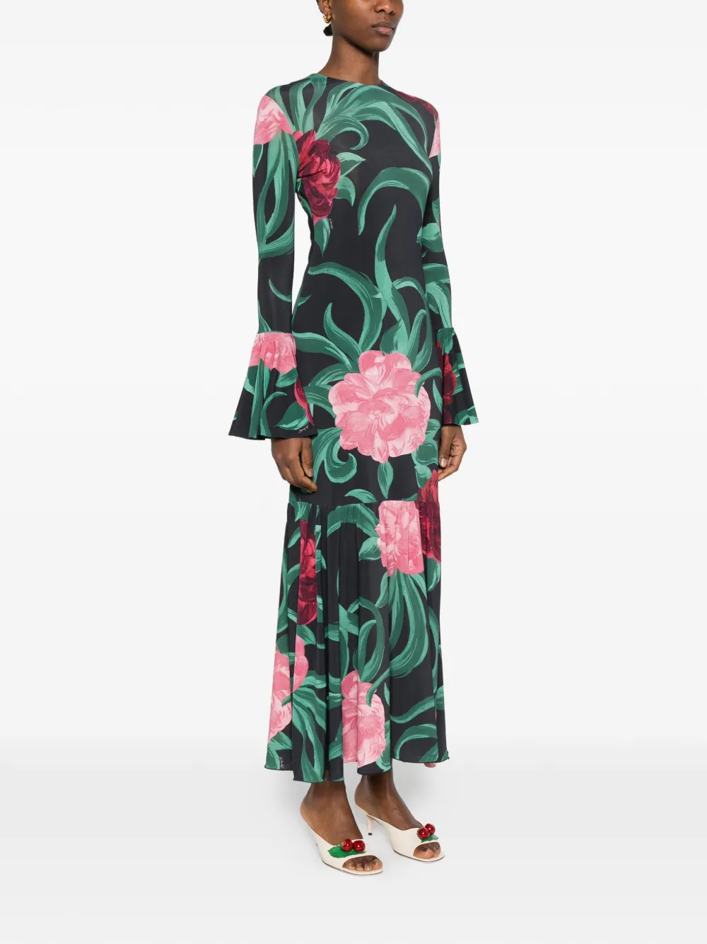 La DoubleJ Alba midi-jurk met bloemenprint en ruches Zwart