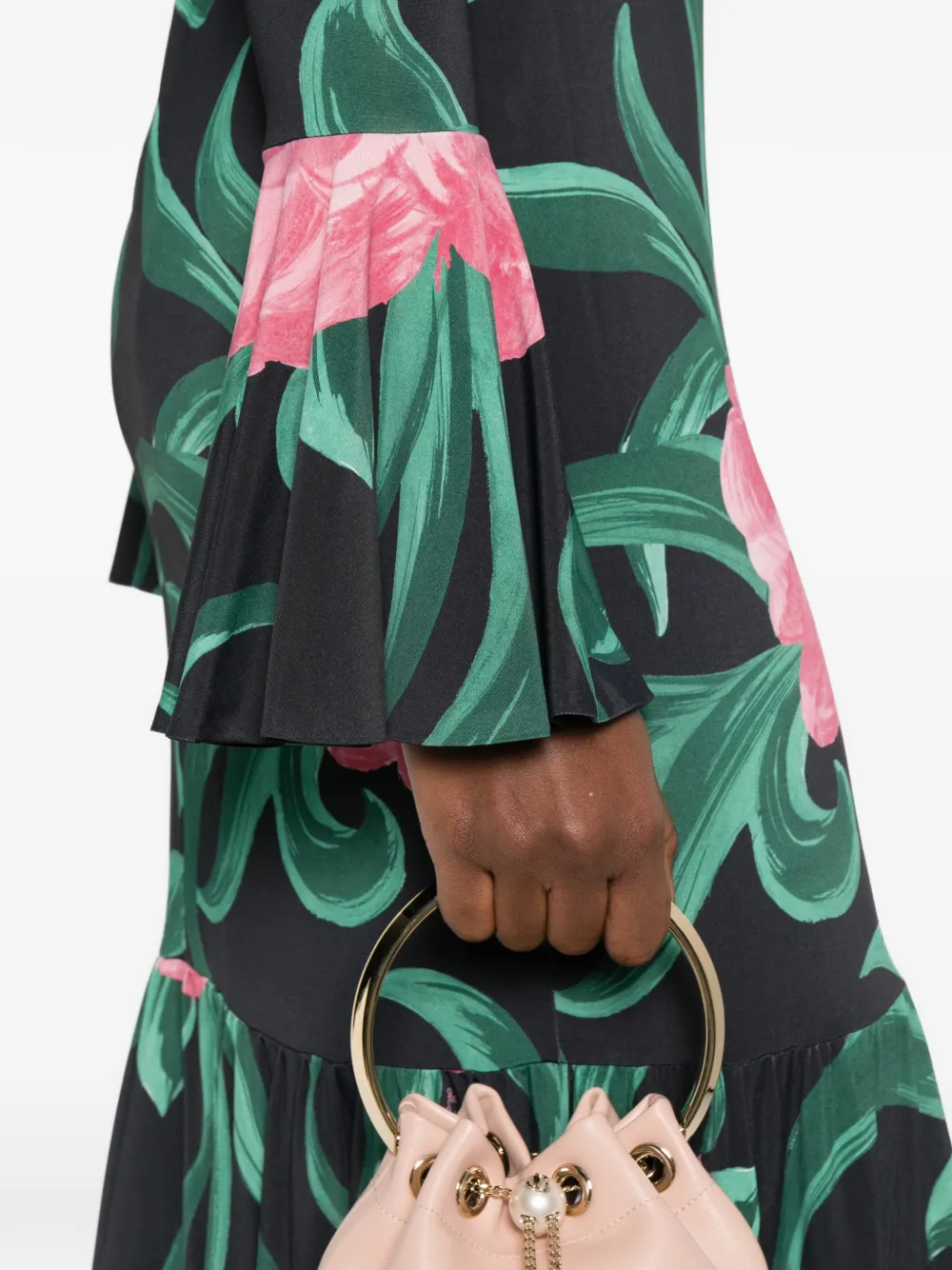 La DoubleJ Alba midi-jurk met bloemenprint en ruches Zwart