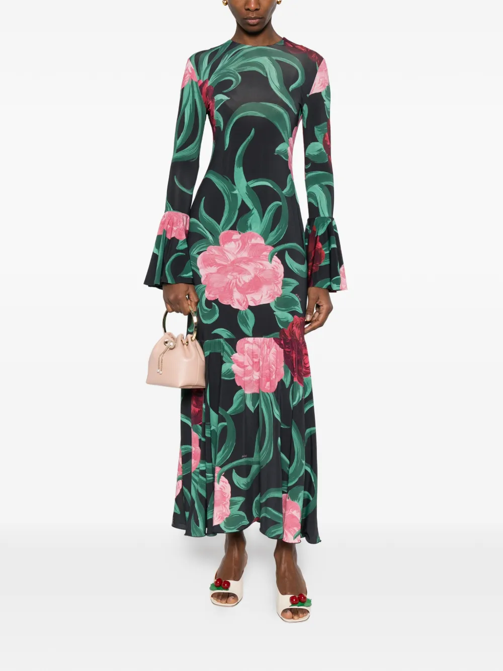 La DoubleJ Alba midi-jurk met bloemenprint en ruches Zwart