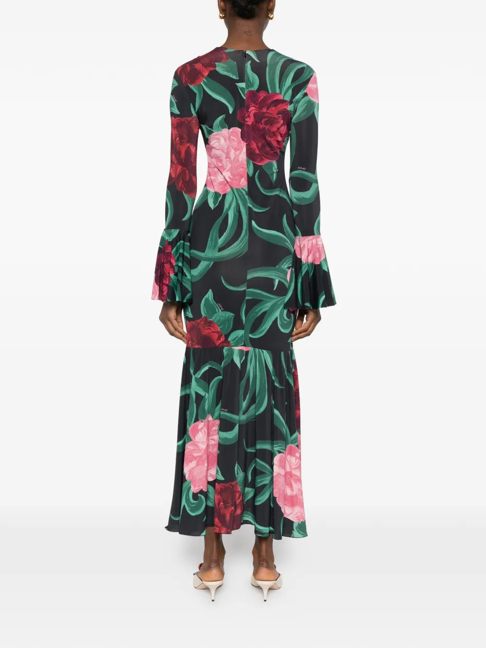 La DoubleJ Alba midi-jurk met bloemenprint en ruches Zwart