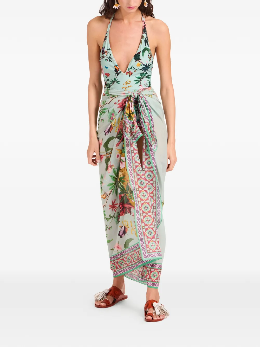 La Doublej Floral-print Border Pareo In Blue