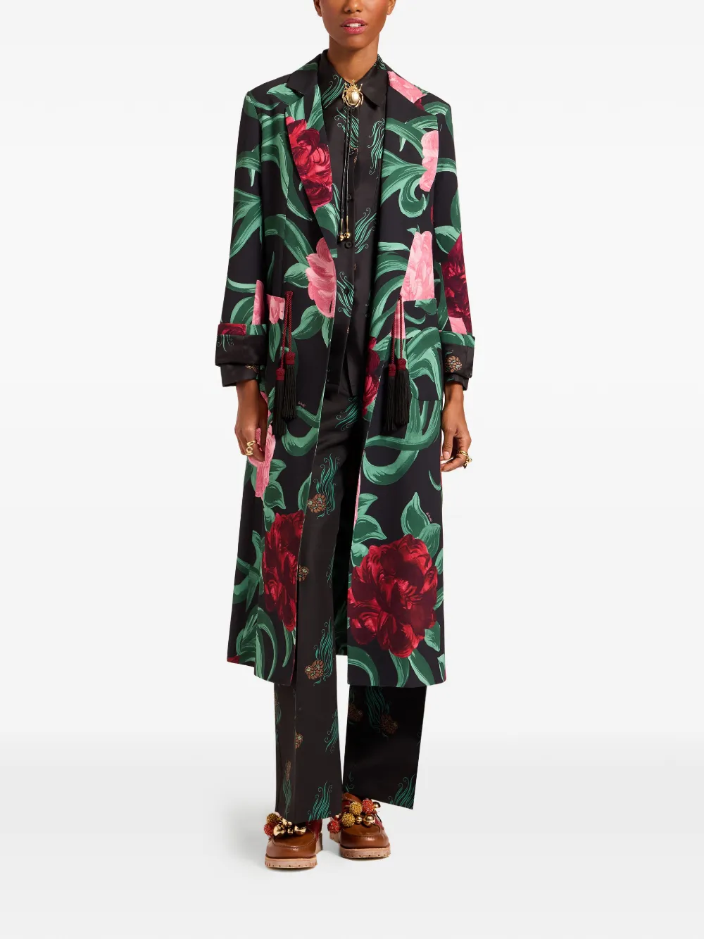 La Doublej Duster Floral Tassel Coat In Green