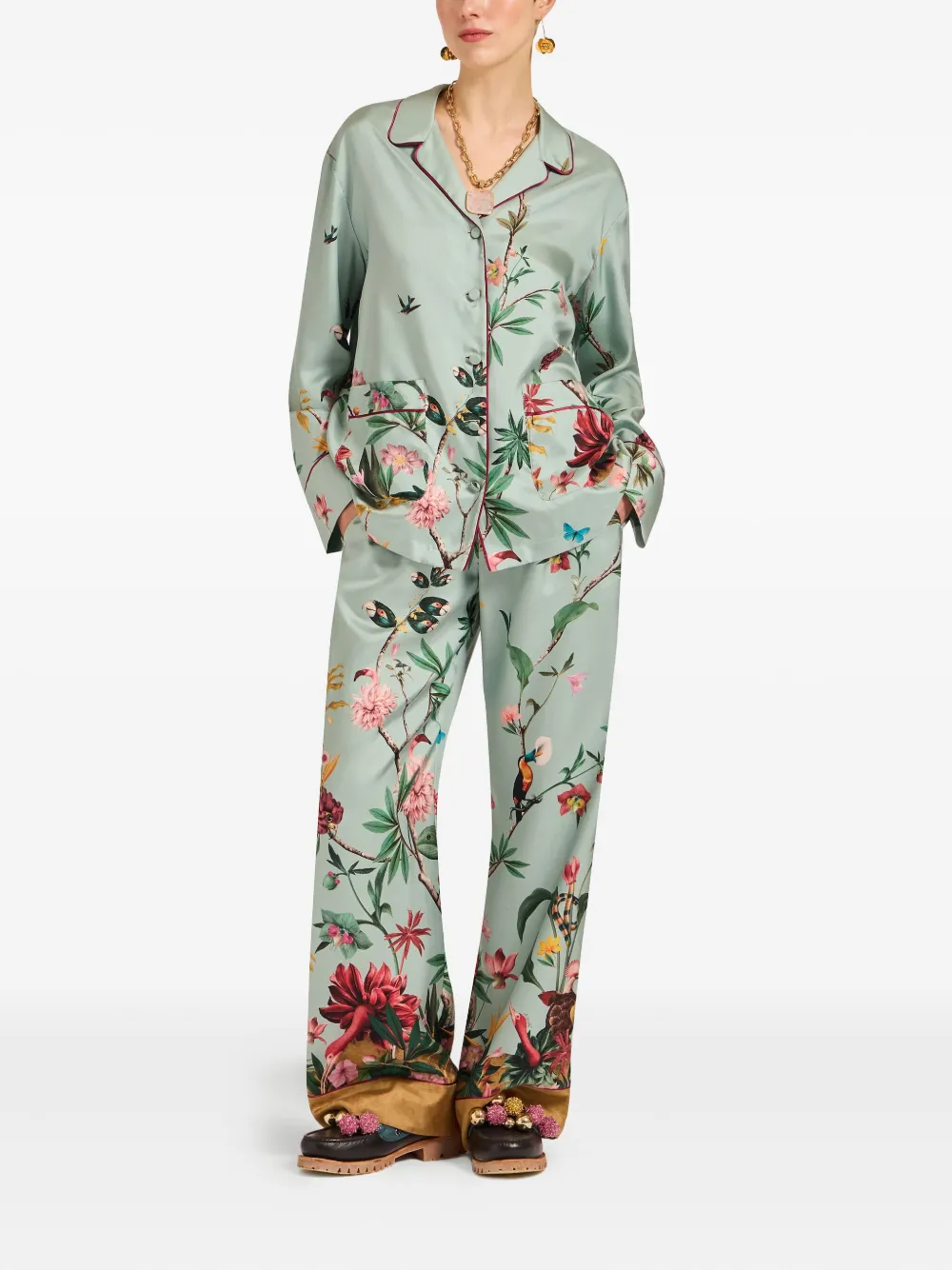 La Doublej Floral Pallazzo Pants In Green