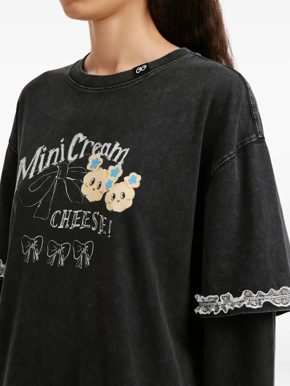 Mini Cream Lace Trim Long-sleeve Top In Black