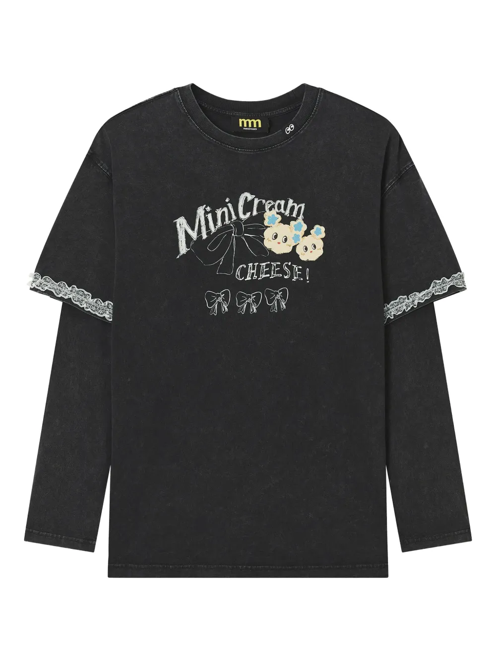 Mini Cream Lace Trim Long-sleeve Top In Black