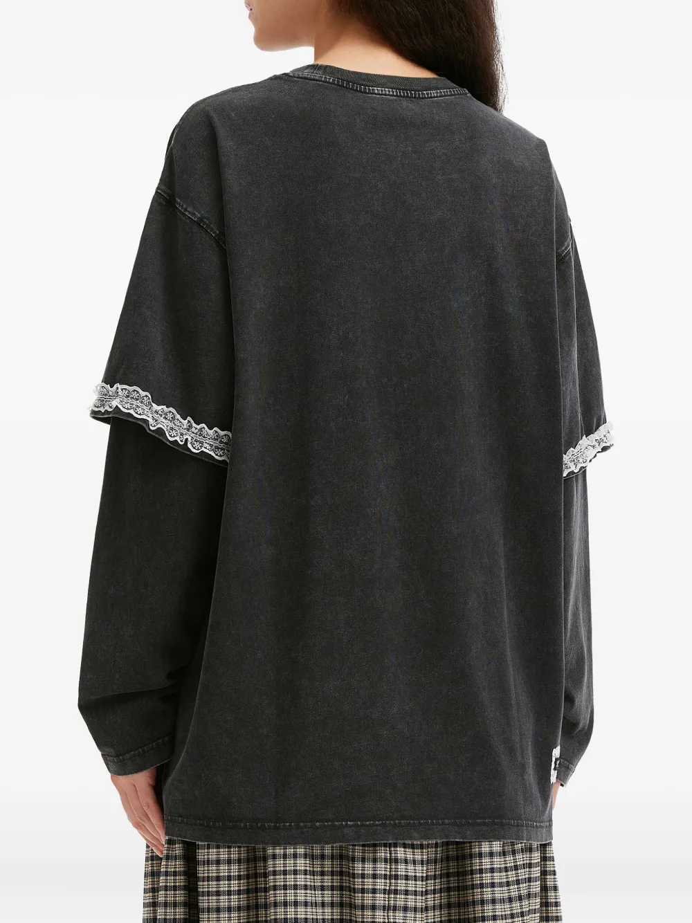 Mini Cream Lace Trim Long-sleeve Top In Black