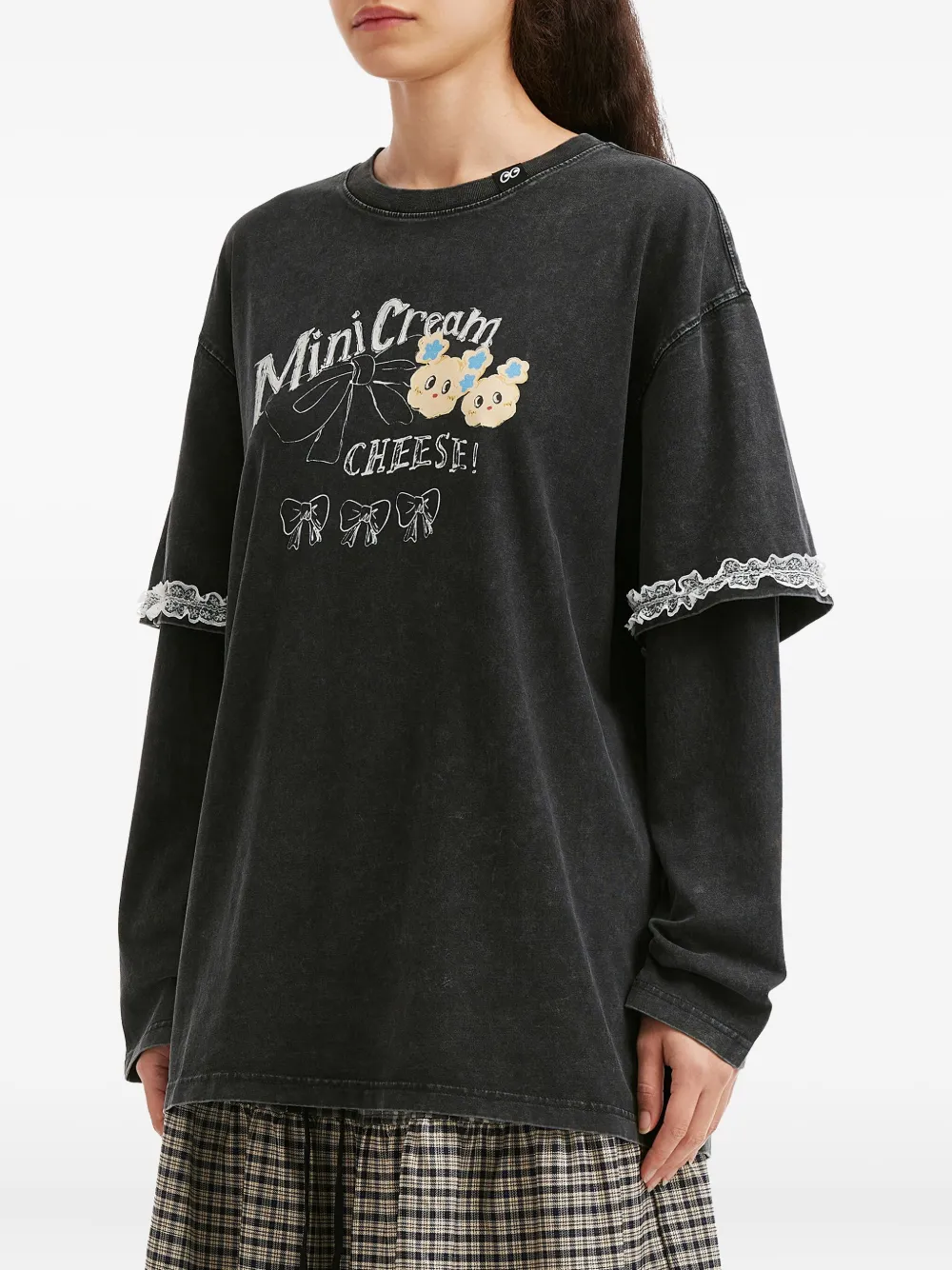 Mini Cream Lace Trim Long-sleeve Top In Black