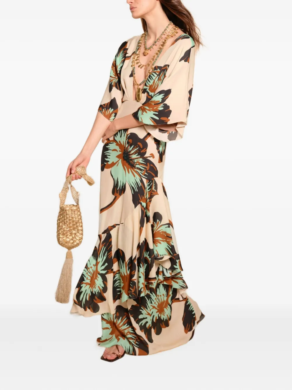 Johanna Ortiz Tesoro Escondido jurk met ruches en bloemen - Beige