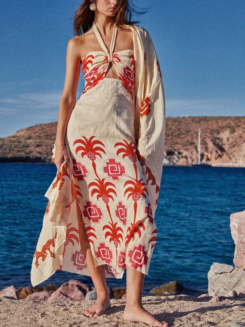 Johanna Ortiz Water Adventure Halterneck Printed Linen Midi Dress In Neutral
