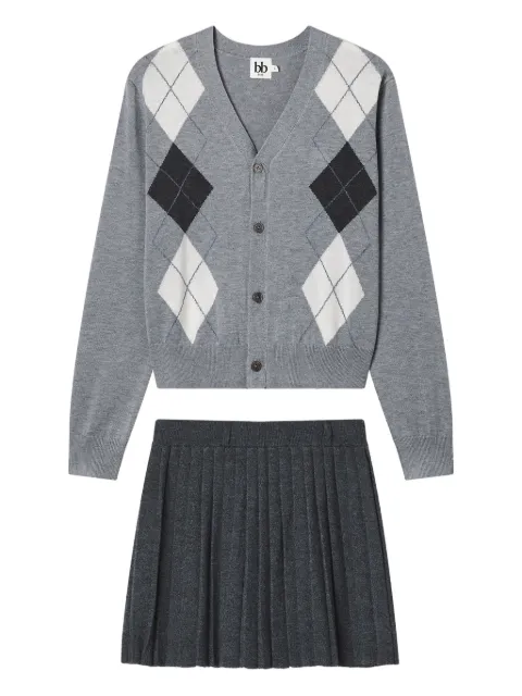 b+ab argyle buttoned cardigan and skirt set