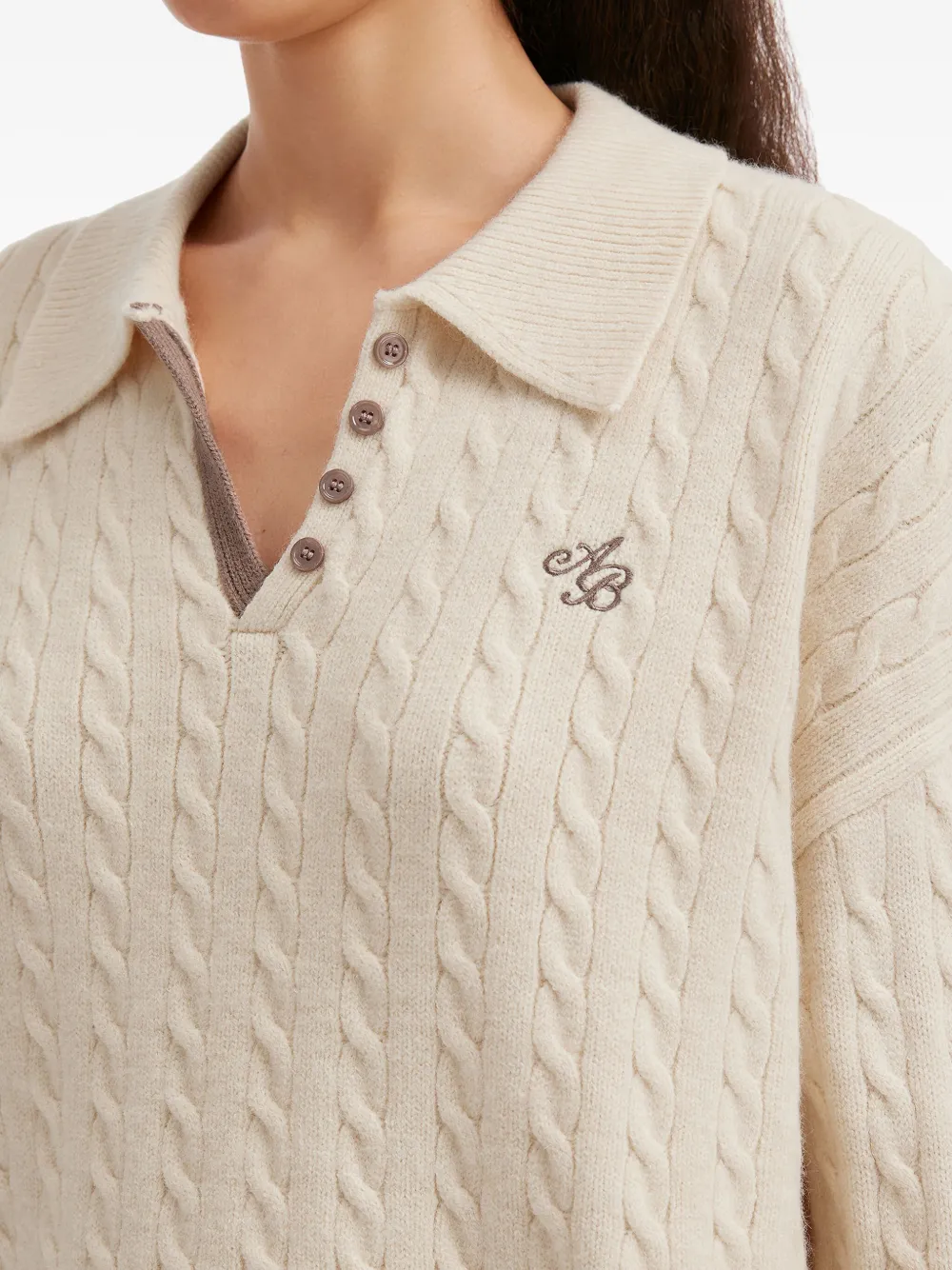 b+ab Kabelgebreide jumpsuit met knopen Beige