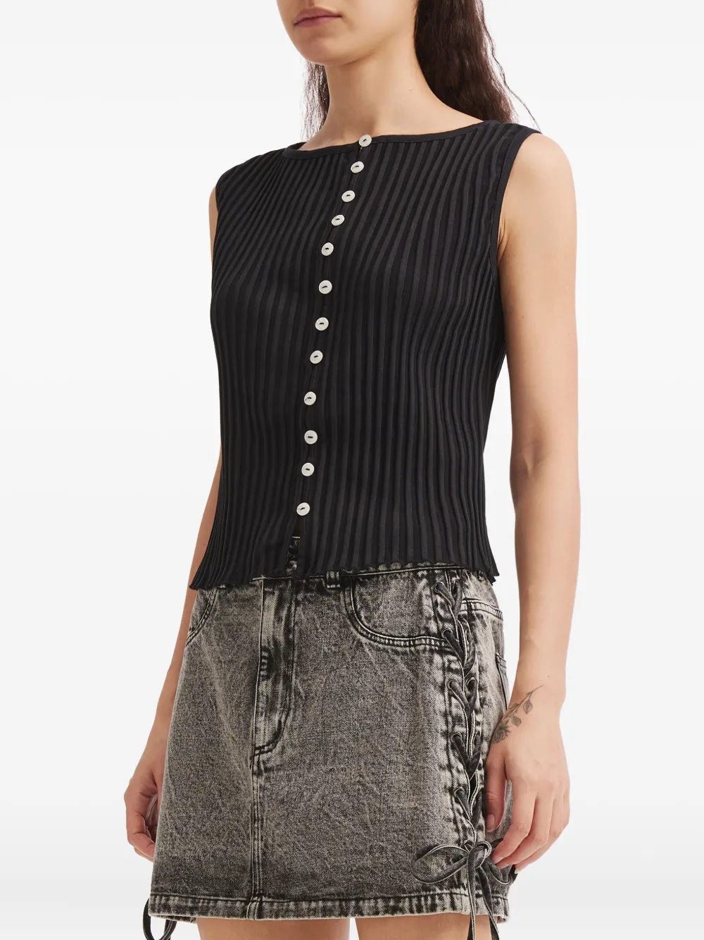 Free People Ribbed Buttoned Top In Black