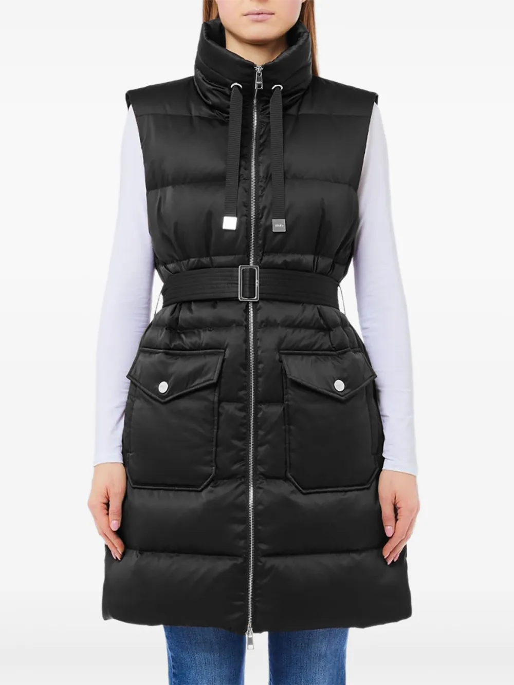 Liu •jo Belted Padded Long Gilet In Black