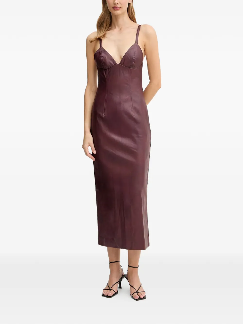 Bardot V-neck faux-leather midi dress - Rosso