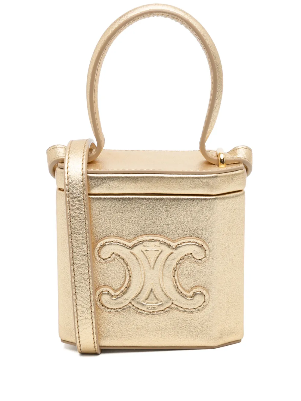 Pre-owned Celine 2022 Metallic Calfskin Triomphe Lock Bag Satchel In Gold