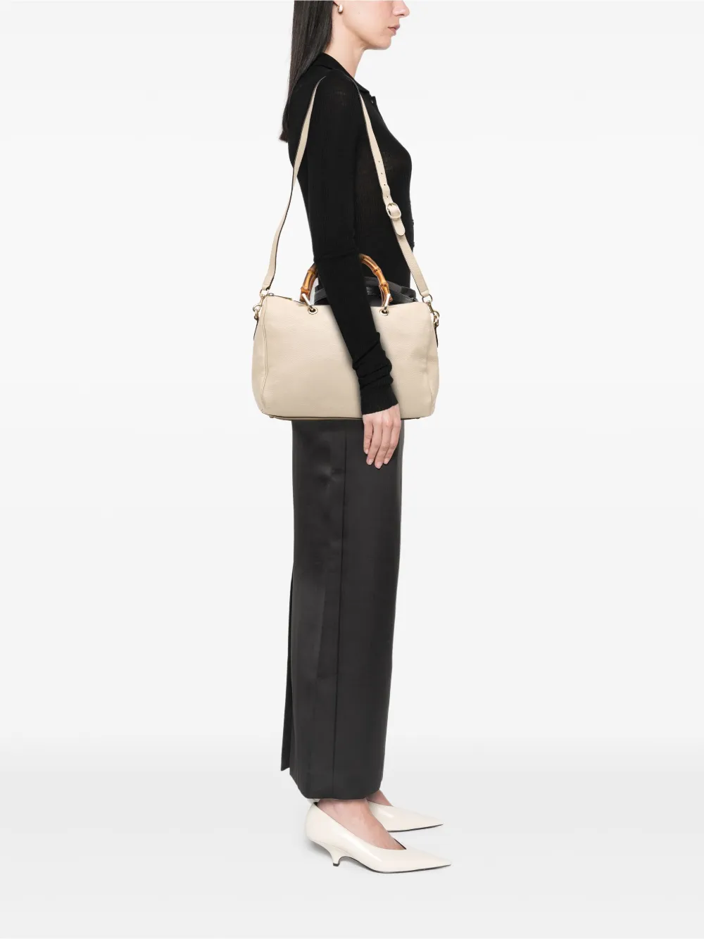 Pre-owned Gucci 2016-2025 Medium Calfskin Bamboo Shopper Boston Bag Satchel In White