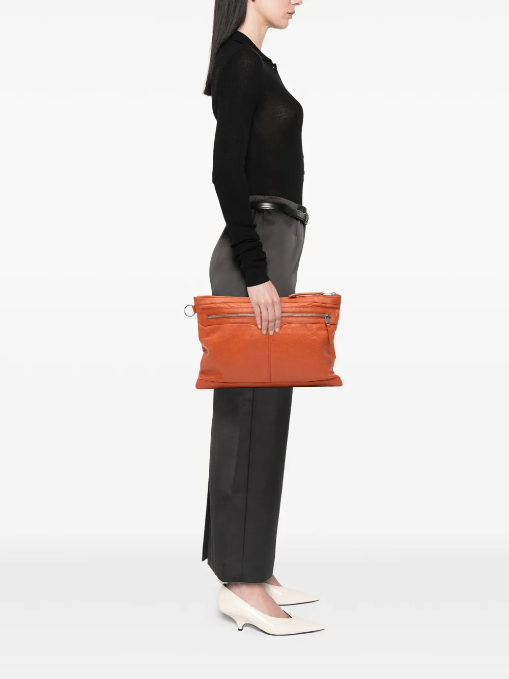 Pre-owned Balenciaga 2015 Lambskin Motocross Classic Clip L Clutch Bag In Orange