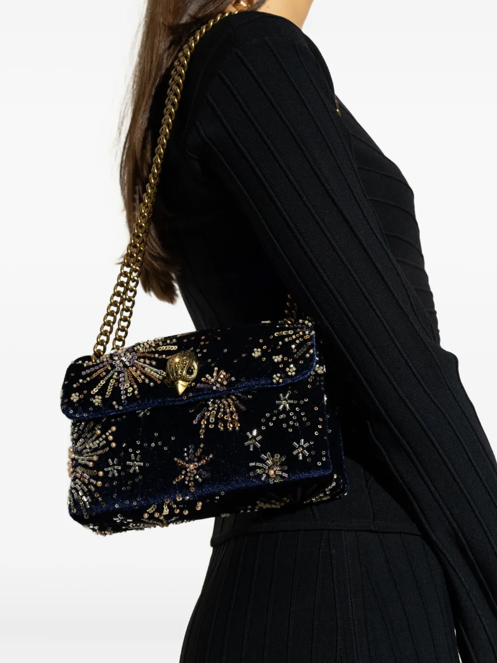 Kurt Geiger Mini Bead-embellished Velvet Shoulder Bag In Blue