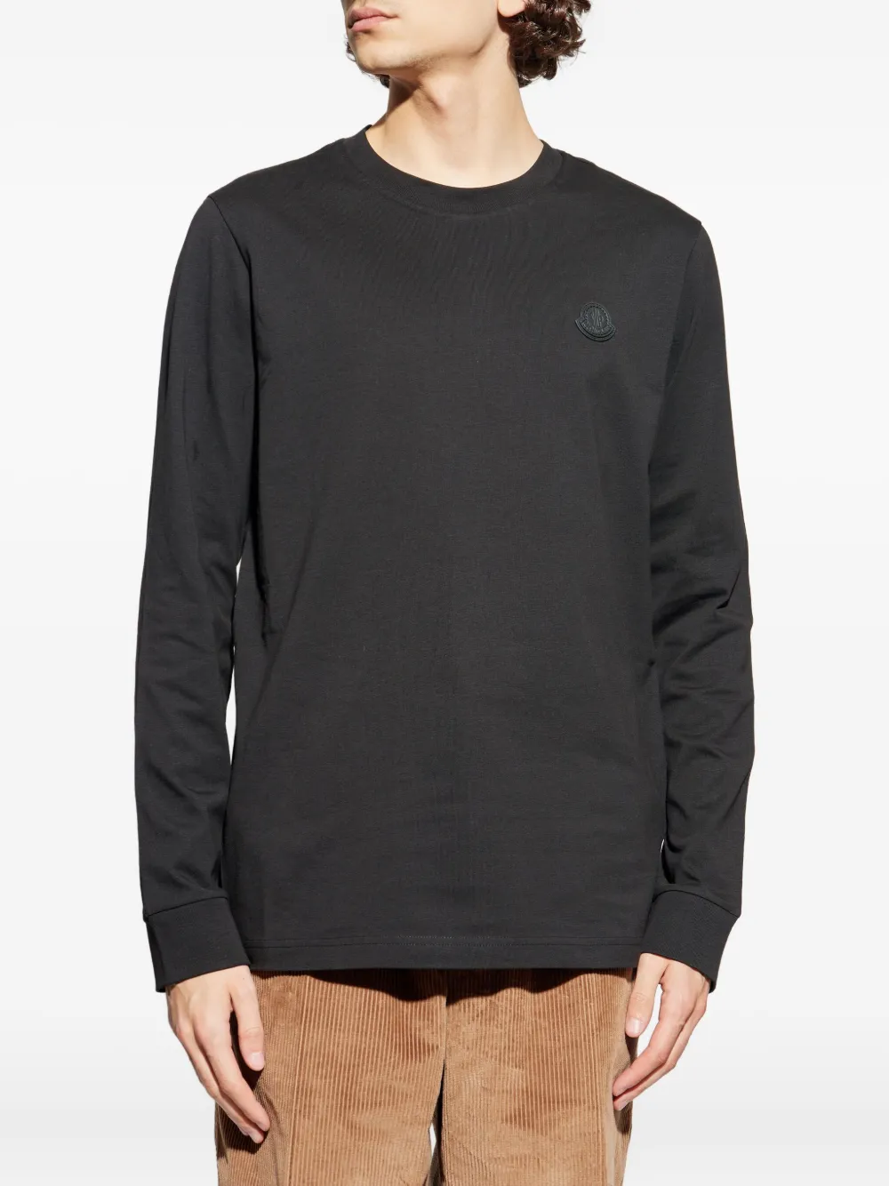 Moncler Leather Logo Long Sleeve Cotton T-shirt In Black