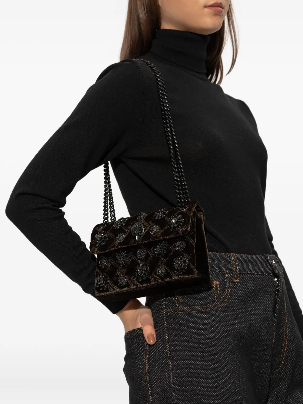 Kurt Geiger Mini Velvet Kensington Quilted Shoulder Bag In Brown