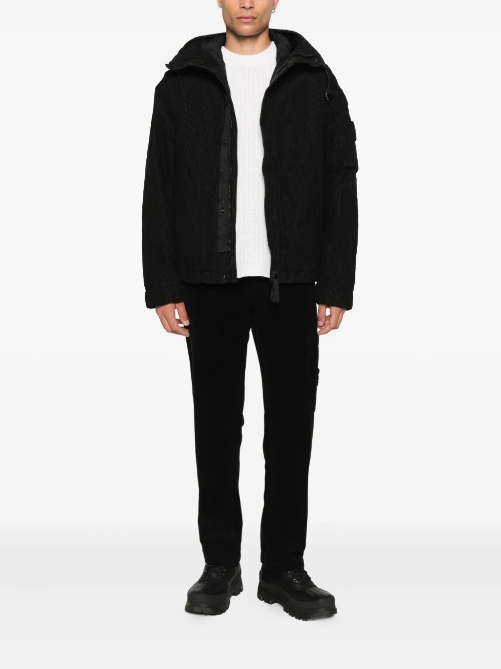 Stone Island Hooded Corduroy Jacket In Black
