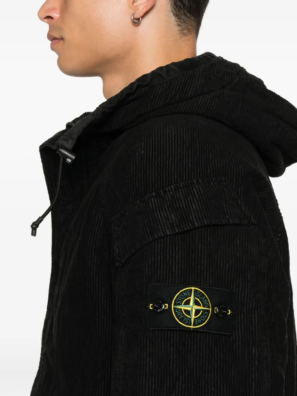 Stone Island Hooded Corduroy Jacket In Black