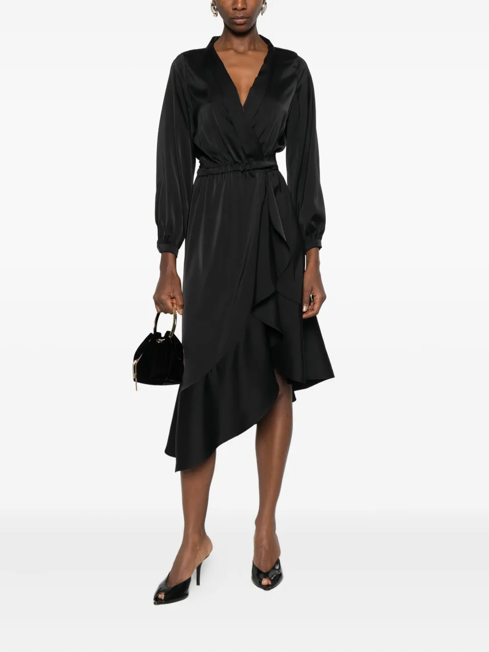 RHIZOME Morena ruffled asymmetric midi dress - Zwart