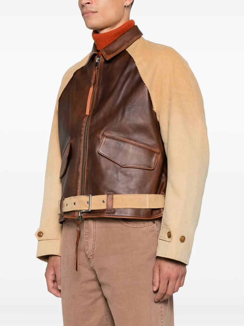 Pocketed Belted Leather Jacket