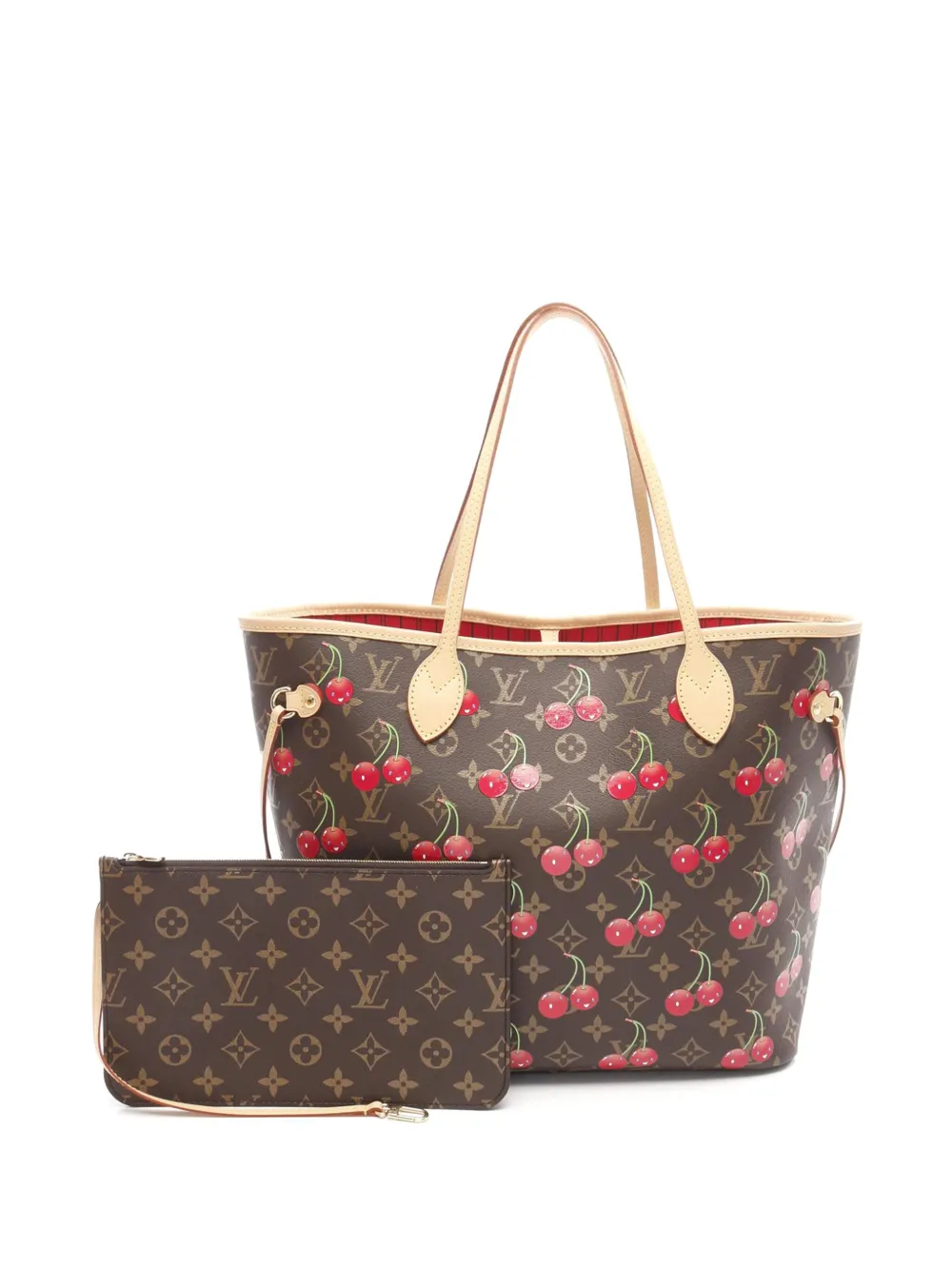 Pre-owned Louis Vuitton 2021-2025 Takashi Murakami Monogram Cherry Neverfull Mm Tote Bag In Brown